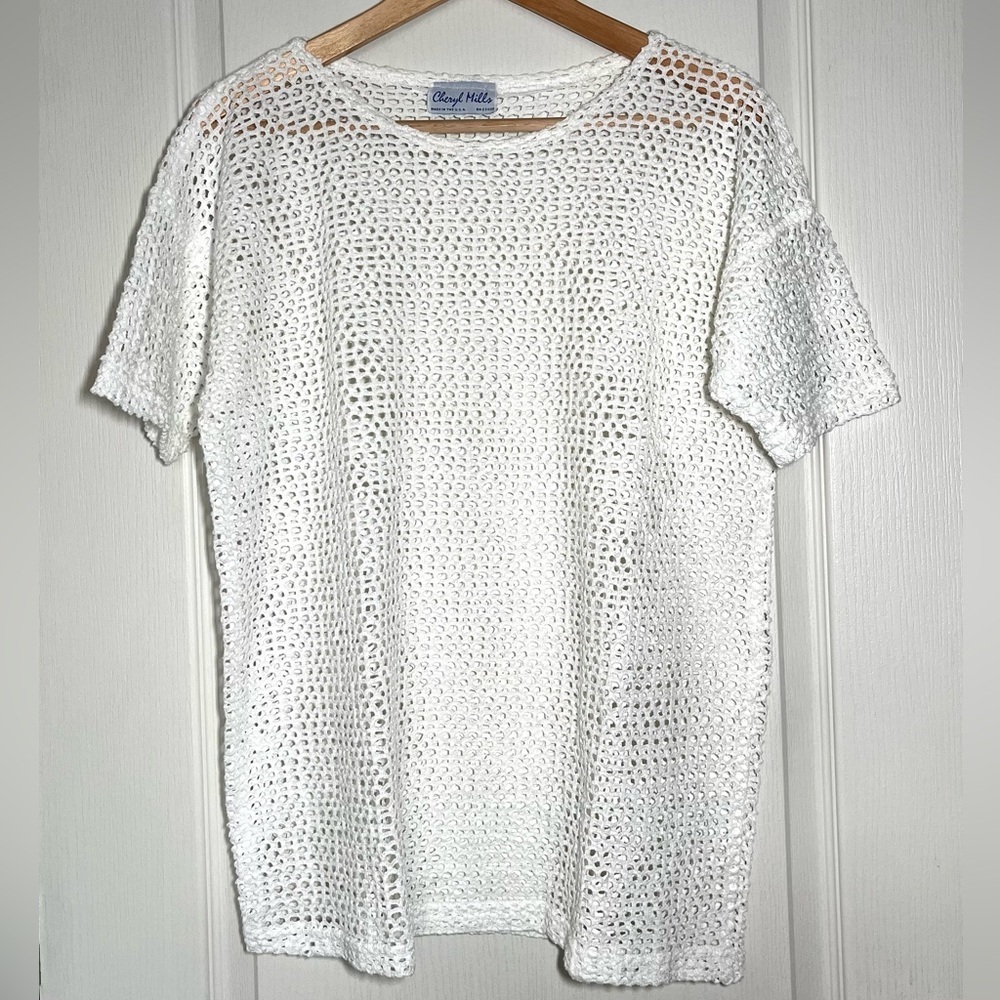 Vintage Cheryl Mills White Crochet Knit Top Festival‎ Cover-Up Beach Cottagecore